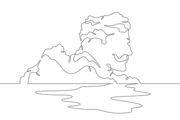 Wall Mural - Mysterious islands in the form of a male human head. Head-shaped cliff. Mountain seascape.One continuous line. Line art. Minimum one line. White background. One line drawing.