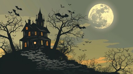 An old, spooky house on top of a hill with a full moon