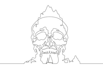 Wall Mural - Rock in the shape of a skull. Yacht near the sea cliff. Ship. Skull.Mountain seascape.One continuous line. Line art. Minimum one line. White background. One line drawing.