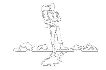 Wall Mural - Tourist with a backpack. A hiker is reflected in water. A man with a backpack on the river bank. One continuous line. Line art. Minimum one line. White background. One line drawing.