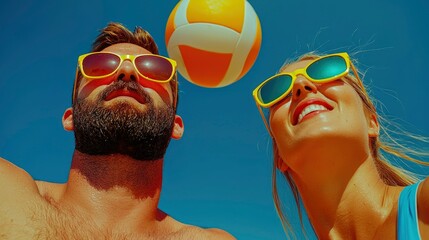 Man and woman playing beach volleyball, travel, vacation Background