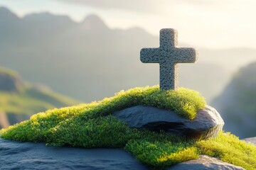 Sticker - Cross on a hill during sunset symbolizes hope and spiritual renewal amidst serene natural landscapes.