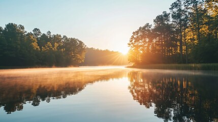 Wall Mural - golden sunrise over tranquil lake surrounded by lush pine forest in early morning