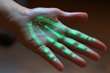 Sticker - neon green robotic hand showcasing futuristic technology with a focus on biotechnology and cyberneti