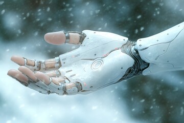 Snow covered robotic hand reaching out in a winter landscape symbolizing isolation and technological advancement.