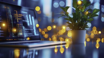 Nighttime Laptop with Plant and Bokeh Lights