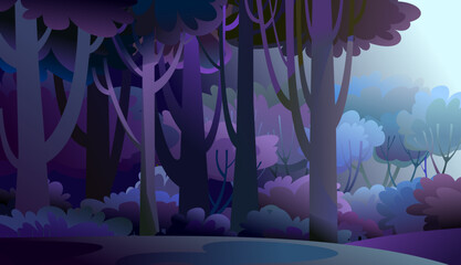 Wall Mural - edge of forest. night darkness. twilight of plant. forest landscape. scenery with trees. fun cartoon