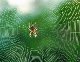 macro photo of spider in its web against green background