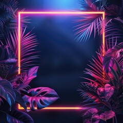 Wall Mural - A tropical elegant frame made of exotic emerald leaves and neon lighting. Stylish fashion banner. Plants illuminated with purple, orange, pink fluorescent light.