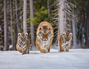 a mother tiger and its two cubs walking in the snowy jungle