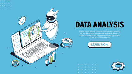 Isometric data analysis poster. Bot near laptop with charts. Artificial intelligence and machine learning. Virtual assistant with infographics. Landing webpage design. Linear vector illustration