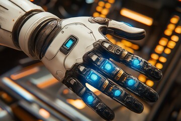 Canvas Print - Futuristic robotic hand with illuminated circuits emphasizing the blend of light and technology in robotics.