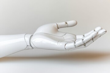 Canvas Print - Sleek white robotic hand on a minimalist backdrop symbolizing modern automation and precision technology.