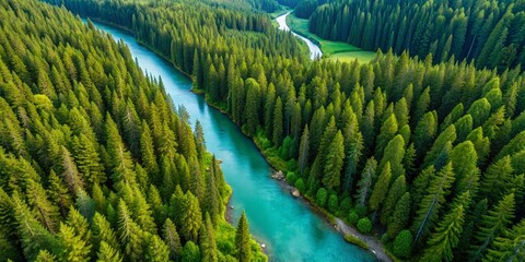 Poster - Aerial view of lush green woods with tall pine trees and blue bendy river flowing through the forest, forest, aerial, view, green