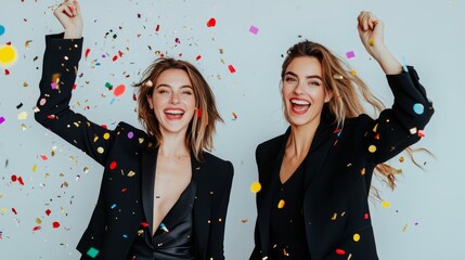 Portrait of two stylish woman in black suit with festive confetti on white background. Celebrating, Black Friday, sale, consumerist, lifestyle concept.