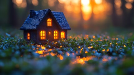 Wall Mural - Miniature house with glowing windows on grass