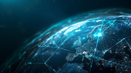 Network connectivity across Europe and the world illuminated at night