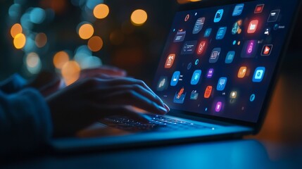 Laptop with Colorful Icons on a Dark Background