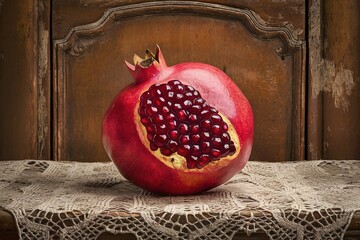 Wall Mural - Ripe pomegranate fruit on old brown wooden vintage background