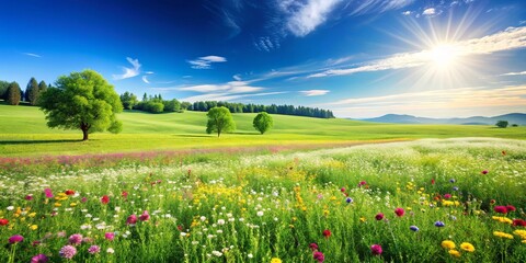 Sticker - Beautiful landscape of a green field with blooming flowers and clear blue sky, Green, Field, Nature, Landscape, Beauty