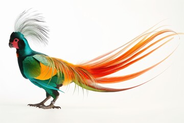 Wall Mural - Golden pheasant standing with long colorful feathers on white background