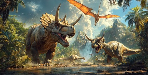 Wall Mural - Three Dinosaurs in a Tropical Jungle Setting