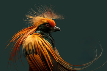 Wall Mural - Golden pheasant bird showing its beautiful colors on dark green background