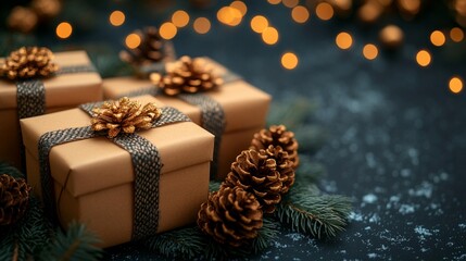 Christmas and New Year background with gift boxes, pine cones, and bokeh garlands, ideal for festive themes, isolated on transparent background, Generative AI