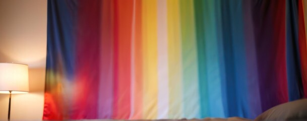 Wall Mural -  a bed with blankets blanket and throw pillows covered by rainbow colored sheets on the comforter,