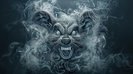  A monochromatic image of a rodent emitting steam from its maw and orifices against a dark canvas