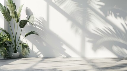 Poster - Tropical Summer Sunlight Shadow Mockup on Grey Cement Floor and White Wall Background