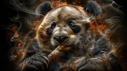 Poster -   A close-up photo of a bear smoking with smoke rising from its mouth