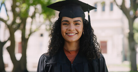 Wall Mural - Education, girl and portrait outdoor at graduation for qualification, university success and ceremony. Graduate, student and happy with diploma, scholarship award and academic achievement on campus