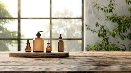 Canvas Print - Product display with wooden table against blurred window sill