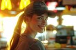 © 为轩 张 - Smiling woman with long ponytail wearing a baseball cap, working in a fast food restaurant, captured in a photorealistic, engaging viewer with a friendly expression.