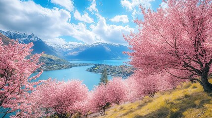 Canvas Print - Sakura cherry blossoms blooming on Queenstown Hill in spring