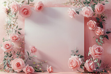 Light pink wall texture background with roses on background studio cement room display