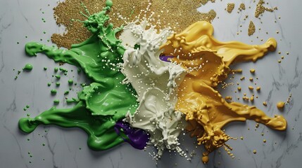 Wall Mural -   A group of colorful liquids on a white surface with golden and green sprinkles