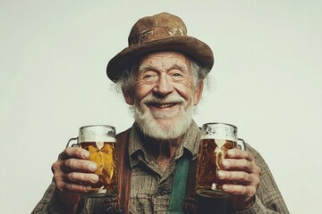 Wall Mural - Happy senior man with beer in traditional Bavarian costume on white background. Oktoberfest.
