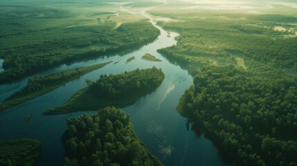 Wall Mural - Aerial View of a Winding River Through Lush Green Forest