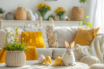 Stylish interior of light living room with Easter decor.