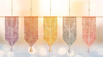   A string of beads, suspended from a rope, is adorned with a single droplet of water dangling at its terminus