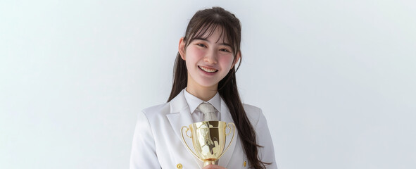 a contagious smile, an Asian teen dressed elegantly in a white suit and shirt showcases her triumph in a knowledge competition, clutching a gold trophy against a white background.