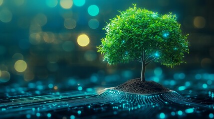 A tree with soil grows at the converging point of a computer circuit board set against a background of blue light and a wireframe network symbolizing green computing green technology