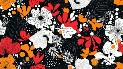 Canvas Print - Abstract Floral Pattern with Orange, Red, and White Flowers on a Black Background