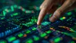 © LuvTK - A close-up of a hand confidently pressing the buy button on a digital stock market interface, with green rising stock charts in the background, detailed fingers and button,
