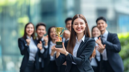 Business success concept. Happy winner businesswoman receives a business award and holding trophy with team of cheerful workers. Celebrating and congratulating their leader on great work success.