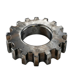 A detailed steel gear showcasing its intricate design and unique textures, perfect for industrial or mechanical themes. transparent background