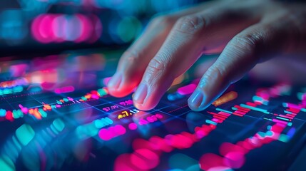 A hand urgently pressing the sell button on a stock market screen filled with numbers and fluctuating graphs, fingers in focus, vibrant display, realistic lighting, clear button details,