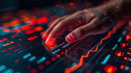 A hand urgently pressing the sell button on a stock market screen filled with red indicators, with downward-trending stock charts in the background, fingers in focus, vibrant display,